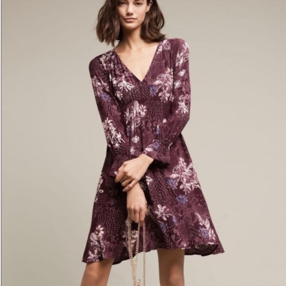 Romantic Floral Anthropologie Maeve Monaco Wine Burgundy Dress Size Small